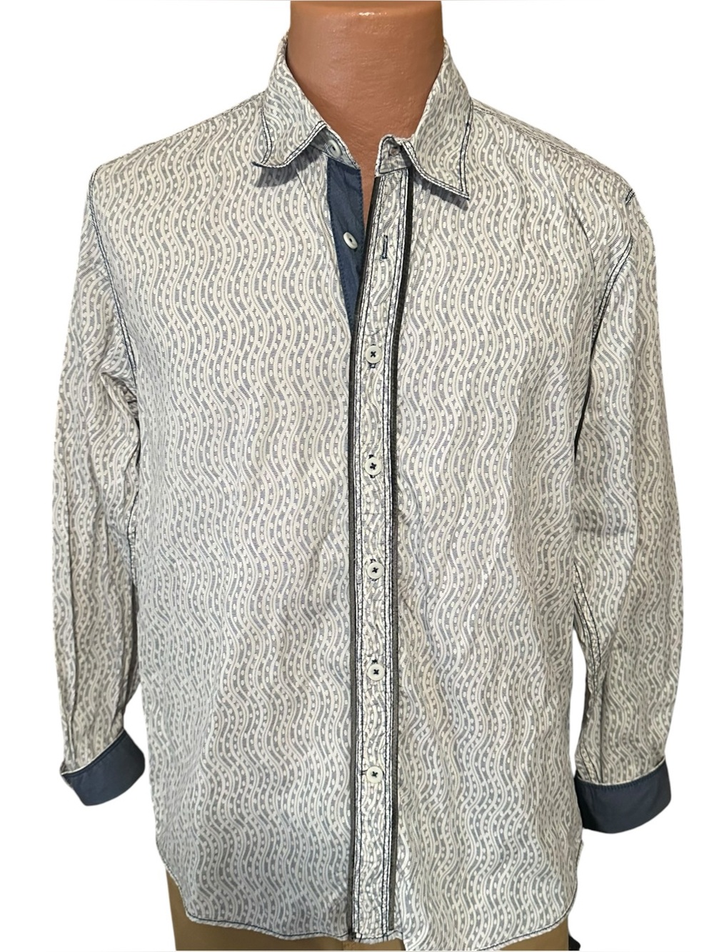 Mens Equlibrio White & Blue Cotton Button Down Shirt Thick Stitching M